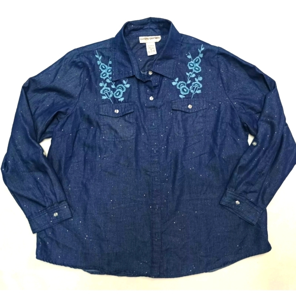 Cathy Daniels Denim Chambray 100% Cotton Button Down Glitter Floral Embroided XL